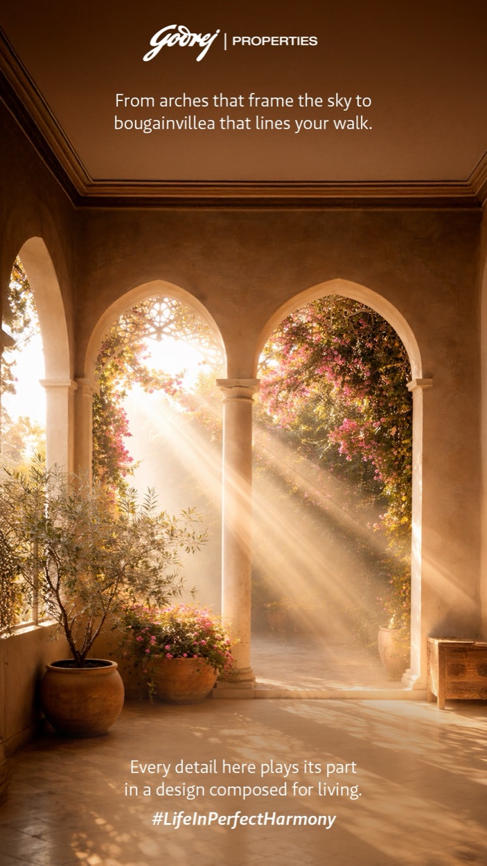Story frame: an arched loggia with bougainvillea and low sun rays — “Every detail here plays its part.”