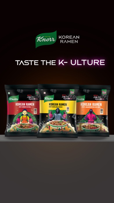 The Knorr Korean Ramen packaging line under “Taste the K-ulture” — three packs fronted by masked figures in green, yellow and pink.