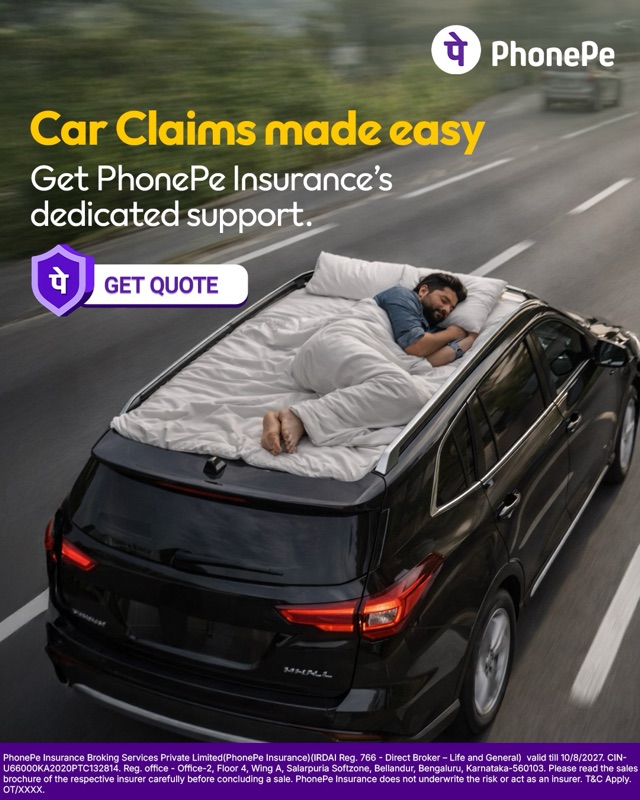 Insurance ad: “Car Claims made easy” — a covered car, with PhonePe Insurance’s dedicated support.