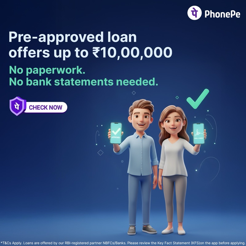 Loan ad: pre-approved offers up to ₹10,00,000 — no paperwork, no bank statements needed.