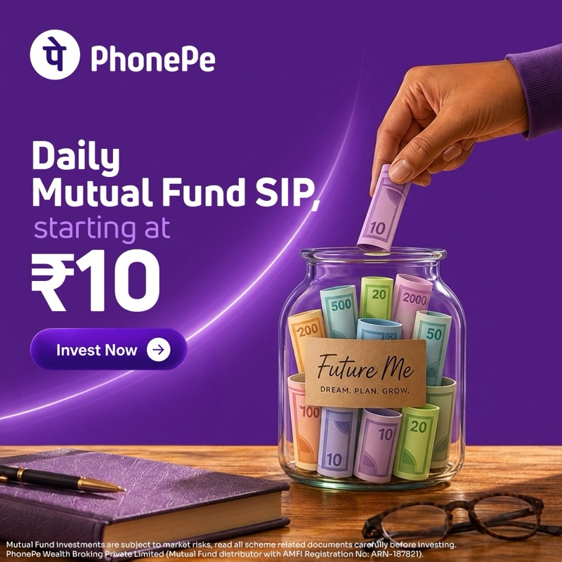 Daily SIP creative: a hand dropping a coin into a savings jar labelled for the future.
