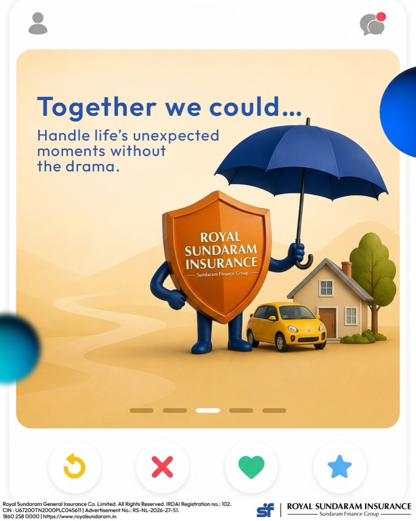 Dating-app card: “Together we could… handle life’s unexpected moments without the drama.” — the shield holding an umbrella over a car and house.
