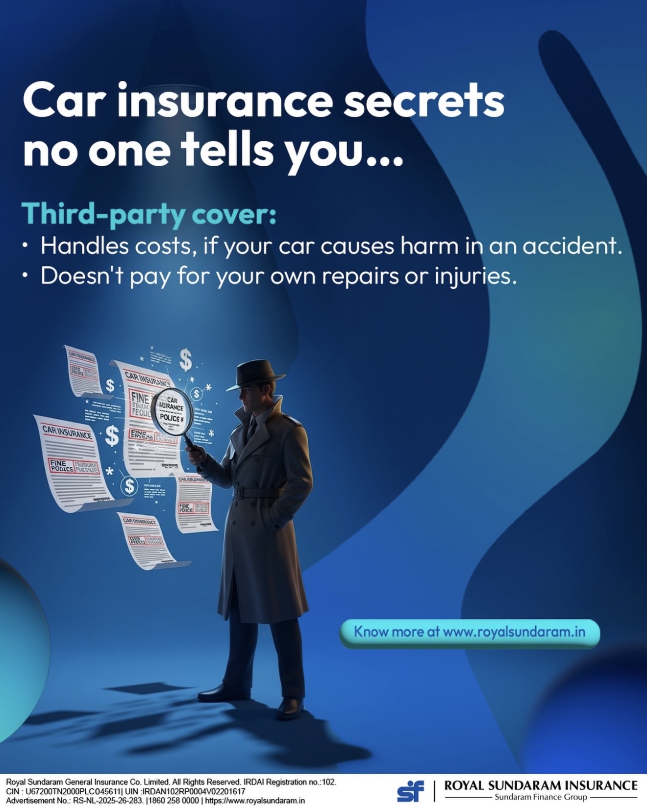 Post: “Car insurance secrets no one tells you…” — what third-party cover does and doesn’t pay for, illustrated by a 3D detective.