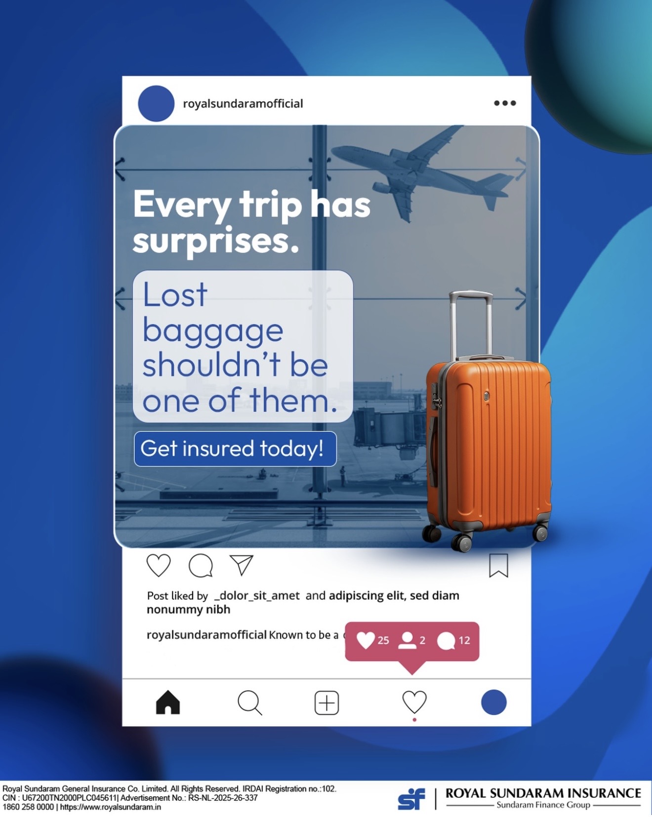 Post styled as an Instagram feed: “Every trip has surprises. Lost baggage shouldn’t be one of them.”