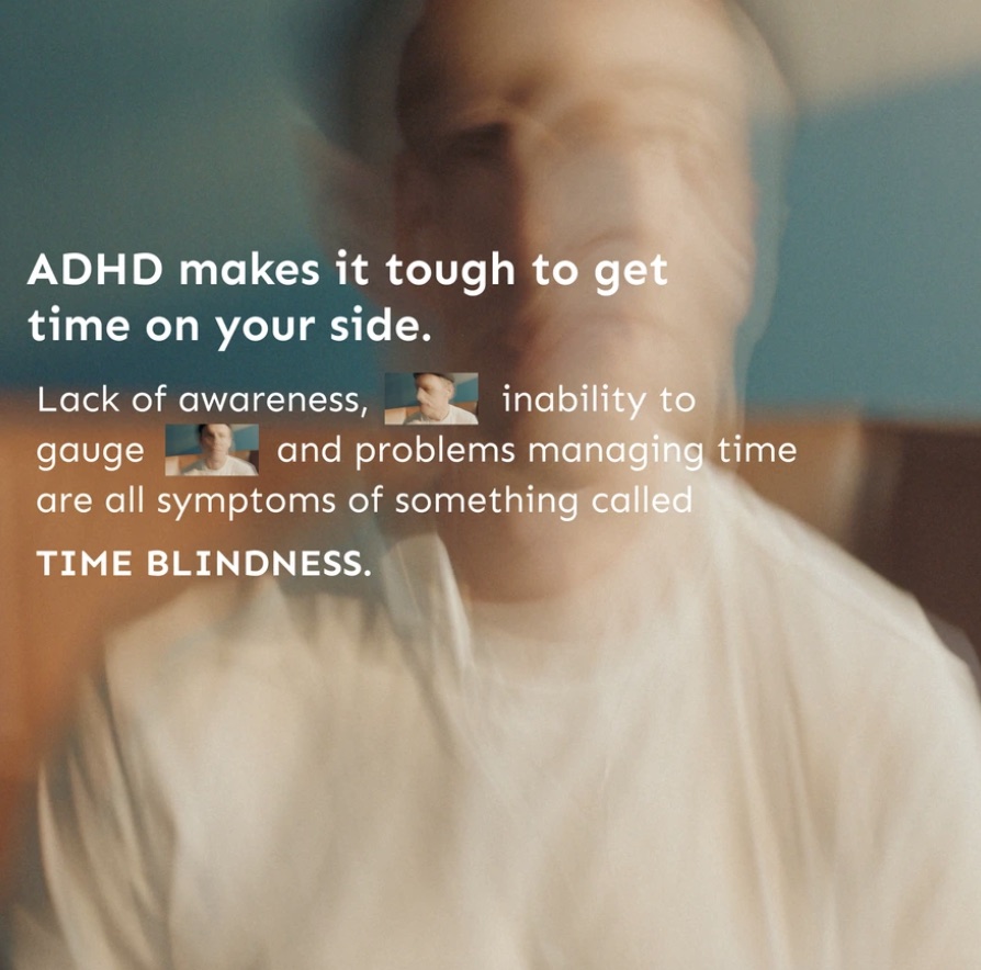 Social post restating the time blindness message in a text-led layout.