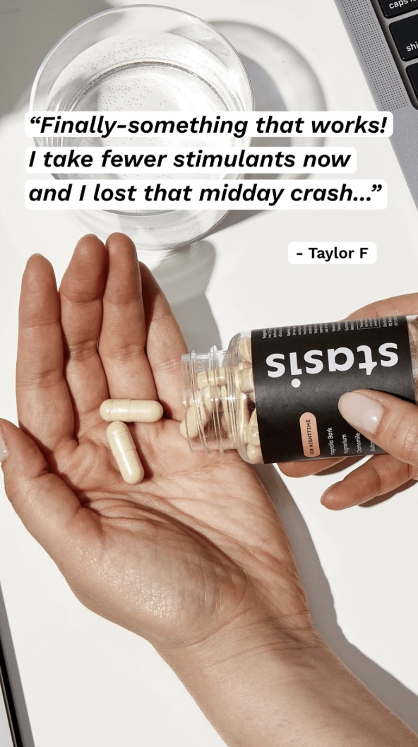 Story format: a testimonial quote over a hand holding the bottle.