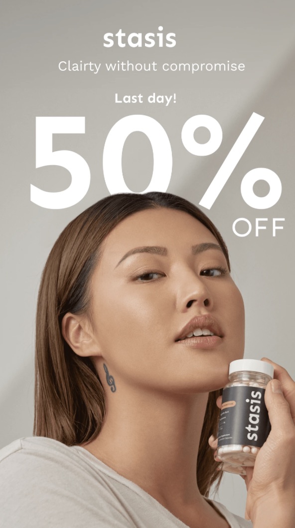 Story format: a 50% off promotion over lifestyle photography.