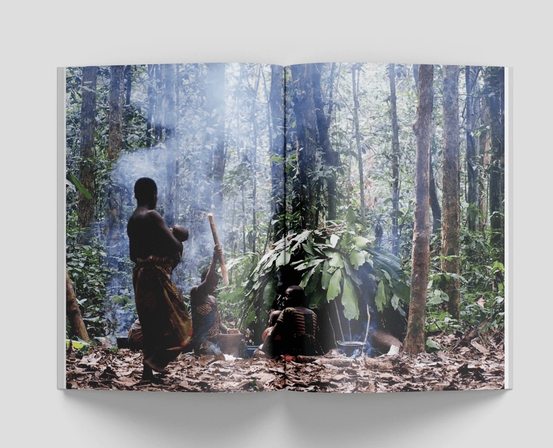 Spread: a full-bleed photograph of a figure walking through misty forest.