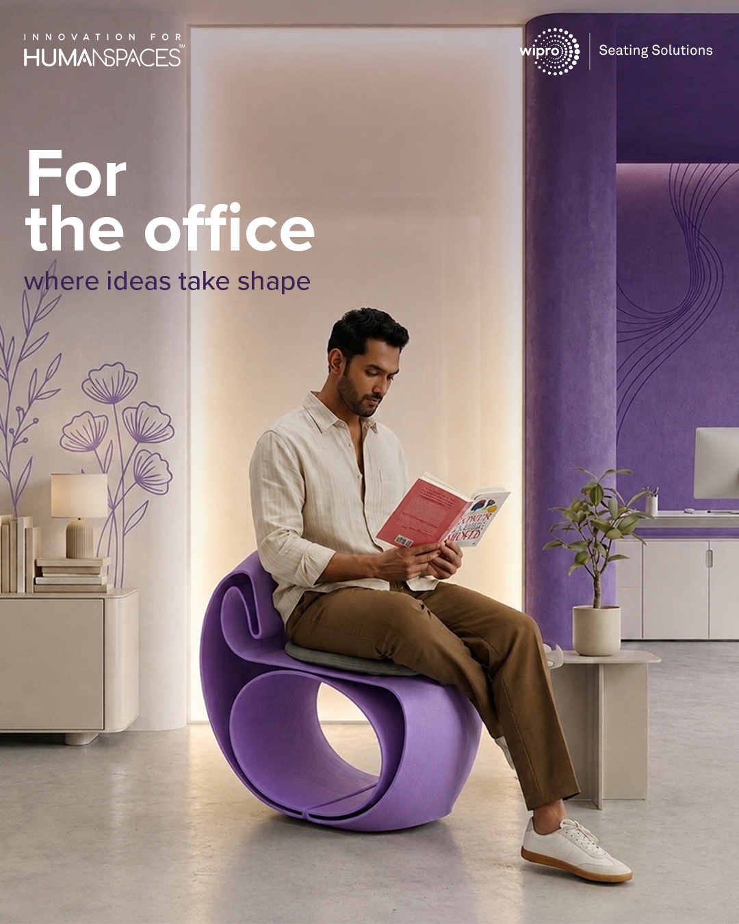 For the office, where ideas take shape — a reader on a purple sculptural chair in a studio.