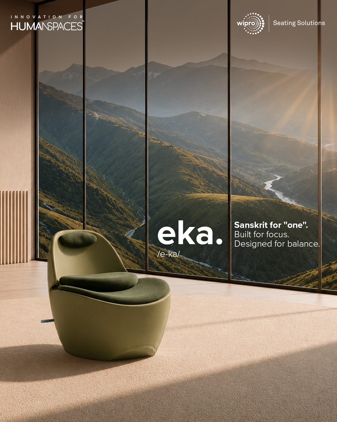 eka. — a single-seat chair against a mountain window.