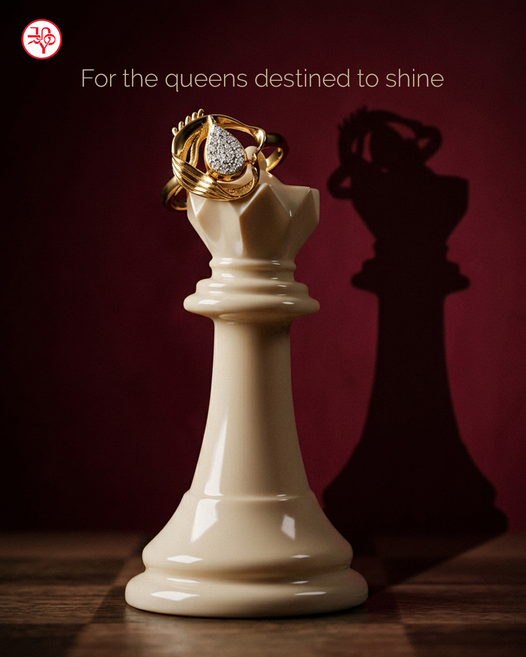 A ring staged beside a chess queen on a dark board.