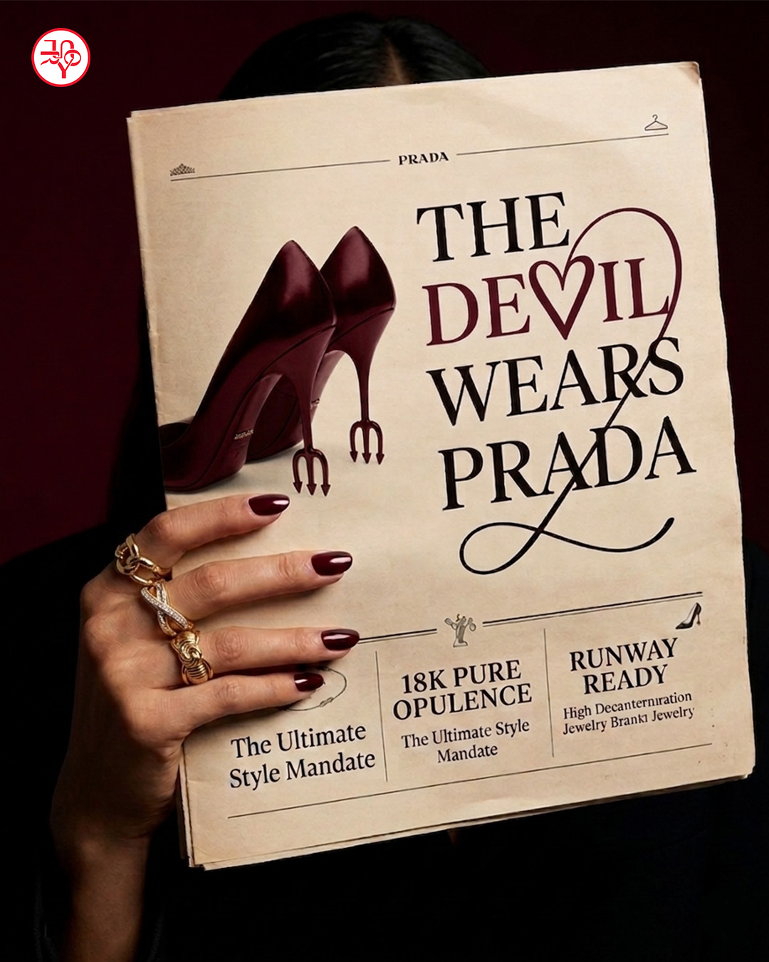 A hand holding The Devil Wears Prada, wearing gold rings.